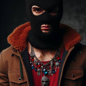 Man Wearing Black Ski Mask and Brown Jacket with Red and Blue Jewels