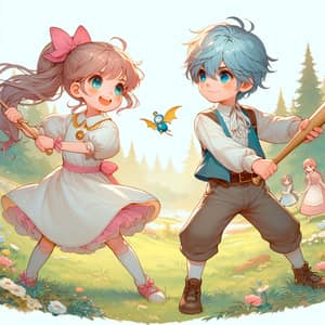 Enchanting Duel in Meadow: Cute Girl and Boy with Magical Hair