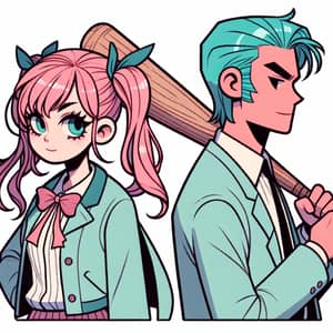 Pink Hair Ponytail Girl & Turquoise Hair Man with Baseball Bat