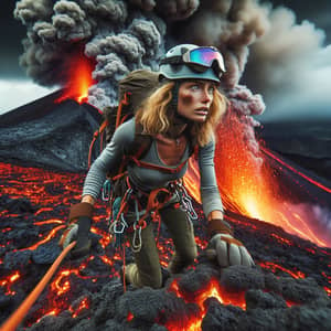 Brave Girl Climbing into Erupting Volcano