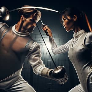Intense Fencing Duel Between Caucasian Man and East Asian Woman