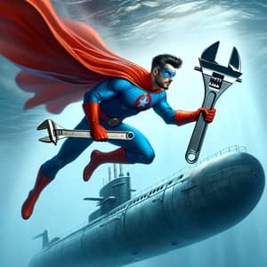 Superhero Flying to Underwater Submarine with Wrench and Caliper