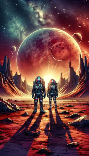 Astronauts on Martian Landscape: Graphic Novel Space Exploration