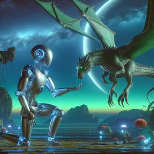 Humanoid Robot Interacting with Extraterrestrial Dragon in Alien Landscape