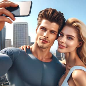 Tall Woman and Muscular Man Selfie in Urban Landscape