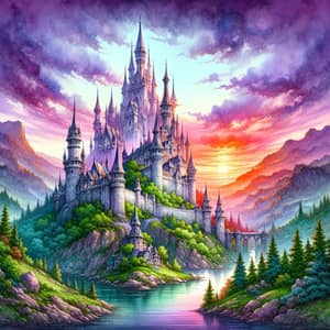 Fantasy Castle Watercolor Art | Enchanting Hilltop Scene