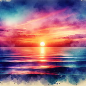 Stunning Watercolor Sunset Over Ocean