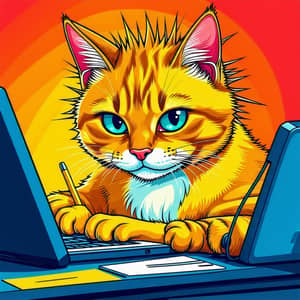 Spiky Fur Yellow Cat Cartoon Studying Computer in Bright Fun Colors