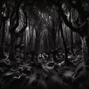 Eerie Dark Forest: Abstract Depiction of a Mysterious Landscape