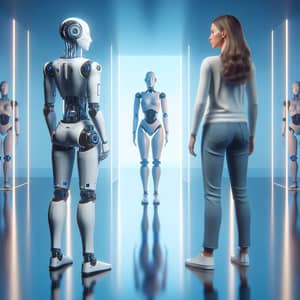 Robot and Human Mirror Image in Blue Tones