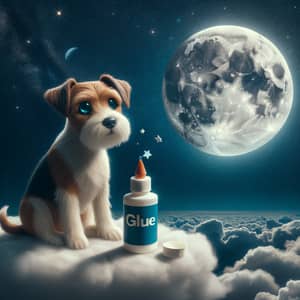 Surreal Dog on Cloud Gazing at Moon with Glowing Glue and Stars