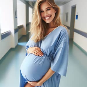 Pregnant Caucasian Woman in Hospital Hallway | Blue Gown