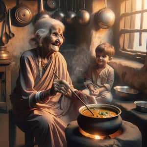 Elderly Indian Woman Cooking Curry in Traditional Kitchen
