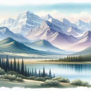 Serene Landscape Painting of Majestic Mountains in Watercolor