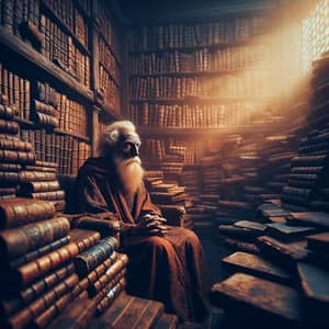Elderly South Asian Person in Antique Library | Depth of Wisdom