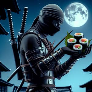 Ninja Character Holding Sushi - Night Scene with Japanese Architecture