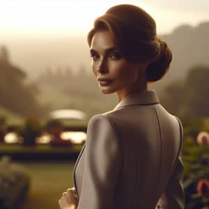 Sophisticated Woman in Classy Attire | Golden Sunset Garden View