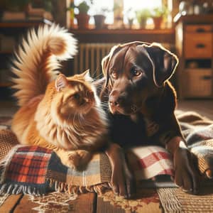 Harmonious Interaction Between Fluffy Cat and Playful Dog - Warm Domestic Scene