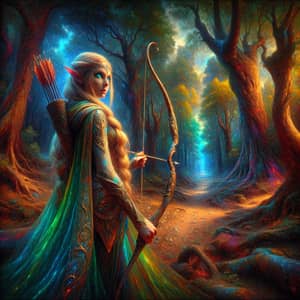 Mystical Woodland Setting: Female Elven Archer in Vibrant Colors