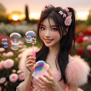 Beautiful Asian Girl Playing with Bubbles in a Park