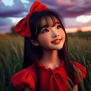 Young Girl in Bright Red Dress Smiling under Beautiful Sky