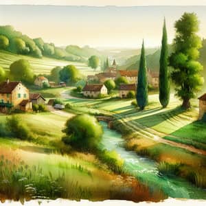 Serene Dordogne Countryside Watercolor Painting