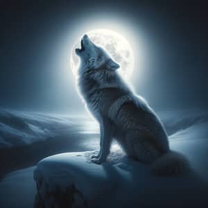 Lone Wolf Howling in Moonlight on Snow-Covered Cliff