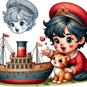 Detailed Clipart Style Illustration: Boy with Red Lips & Toy Ship