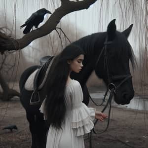 Young Hispanic Girl with Black Horse by Willow Tree