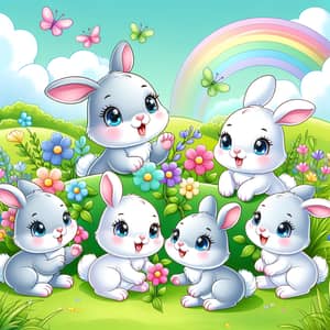 Playful Baby Rabbits in Cartoon Style | Lush Green Meadow