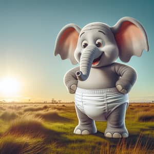 Jolly Elephant in White Diaper on Grassy Pampa