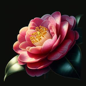 Blooming Camellia Flower: Vibrant Petals, Golden Stamens