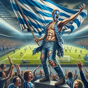 Chaos Unleashed: Hooligan's Blue & White Flag Antics at Sports Stadium