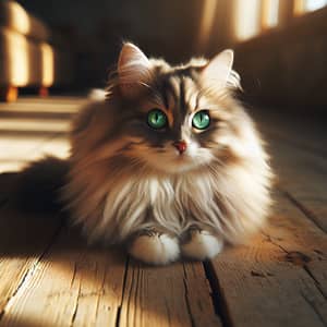 Fluffy Cat with Green Eyes on Rustic Wooden Floor