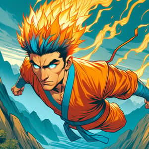 Energetic Tsui-Style Martial Artist Soaring Over Mountain Landscape