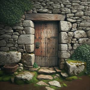 Rustic Stone Wall with Wooden Door | Antique Brass Door-Knob