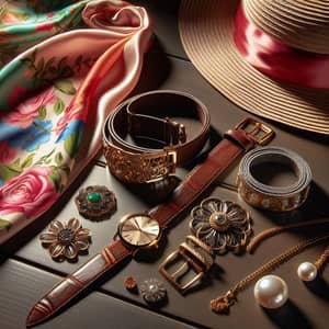 Fashion Accessories Showcase: Silk Scarf, Gold Wristwatch, Leather Belt & More