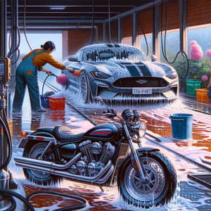 Car & Motorcycle Wash Station - Busy Scene Captured