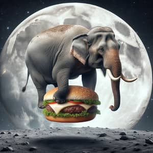 Delightful Elephant Balancing on Moon with Burger on Trunk