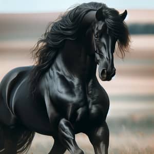 Majestic Black Stallion Horse in Open Field - Strength and Beauty