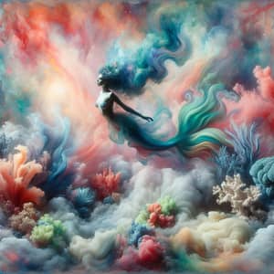 Surreal Underwater Scene with Graceful Mermaid and Vibrant Coral Reefs