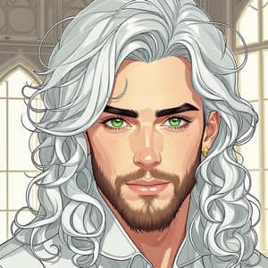 Anime Character with Long White Wavy Hair and Green Eyes