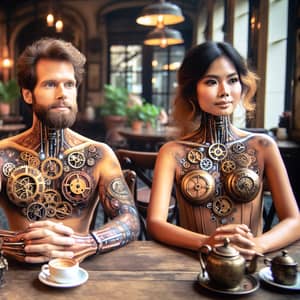 Steampunk-Inspired Café Encounter: Surreal Clockwork Characters