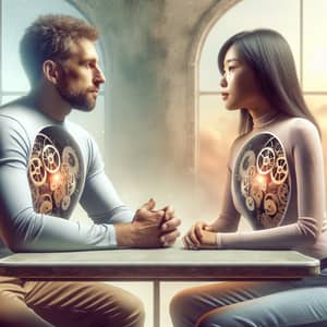 Surreal Clockwork Hearts: Serene Meeting of Man and Woman
