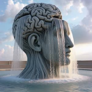 Flowing Wisdom: Human Head Sculpture with Knowledge Water