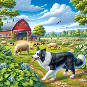 Countryside Scene with Border Collie Dog and Farm Animals