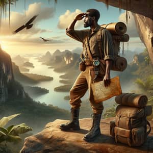 Adventurous Black Male Explorer Overlooking Jungle Vista