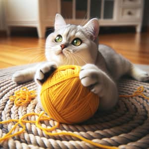 Adorable Silver Housecat Playing with Bright Yellow Yarn Ball
