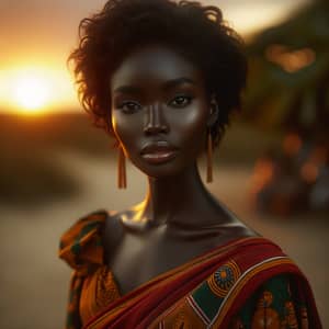 Elegant African Woman in Vibrant Traditional Attire at Sunset