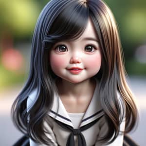 Realistic 8-Year-Old Asian Girl in White and Black Outfit Smiling Outdoors